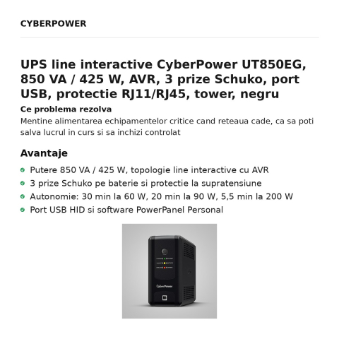 UPS line interactive CyberPower UT850EG, 850 VA / 425 W, AVR, 3 prize Schuko, port USB, protectie RJ11/RJ45, tower, negru [1]