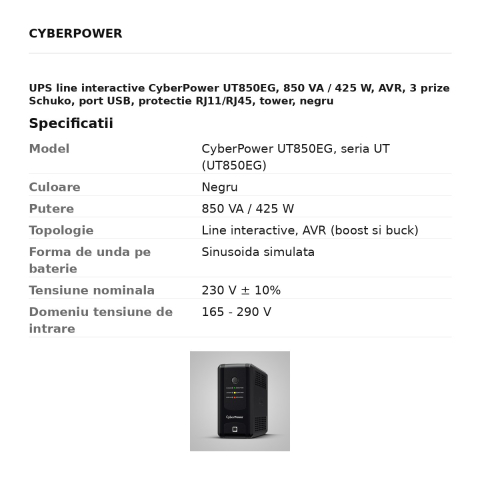 UPS line interactive CyberPower UT850EG, 850 VA / 425 W, AVR, 3 prize Schuko, port USB, protectie RJ11/RJ45, tower, negru [2]