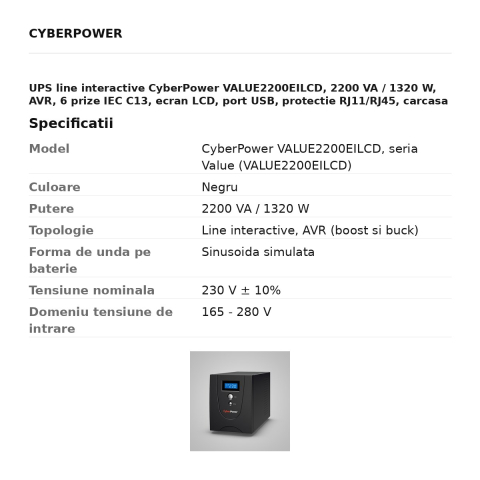 UPS line interactive CyberPower VALUE2200EILCD, 2200 VA / 1320 W, AVR, 6 prize IEC C13, ecran LCD, port USB, protectie RJ11/RJ45, carcasa metalica, tower, negru [2]