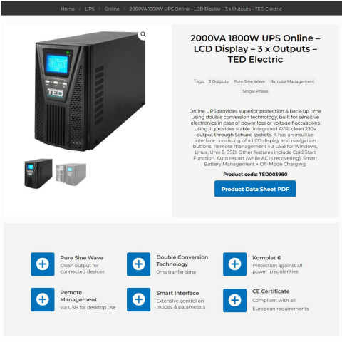 UPS Online 2000VA 1800W Dubla Conversie Sinus Pur LCD 3 Iesiri Schuko Management Remote pentru Servere & Echipamente Industriale TED Electric TED003980 [3]
