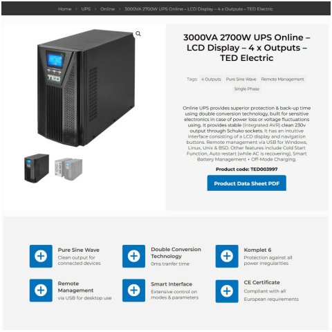 UPS Online 3000VA 2700W Dubla Conversie Sinus Pur LCD 4 Iesiri Schuko Management Remote pentru Centre Date & Utilaje Industriale TED Electric TED003997 [3]