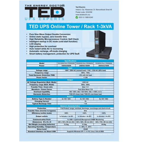 UPS Online Rack/Tower 2000VA 1800W Dubla Conversie Sinus Pur 5 Iesiri (Schuko+4IEC) Management Remote pentru Servere & Retelistica TED Electric TED004055 [5]