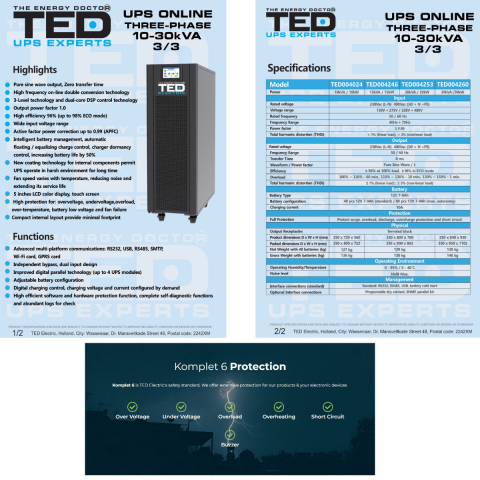 UPS Online Trifazat 15kVA 15kW Dubla Conversie Sinus Pur Terminal Block Management Remote Integrare SCADA/BMS pentru Industrial & Centre Date TED Electric TED004246 [2]
