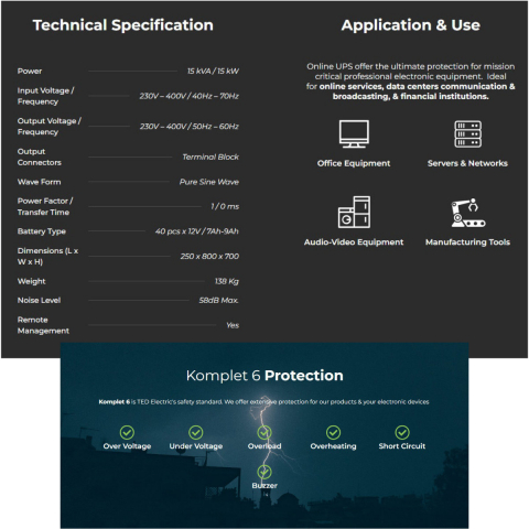 UPS Online Trifazat 15kVA 15kW Dubla Conversie Sinus Pur Terminal Block Management Remote Integrare SCADA/BMS pentru Industrial & Centre Date TED Electric TED004246 [3]