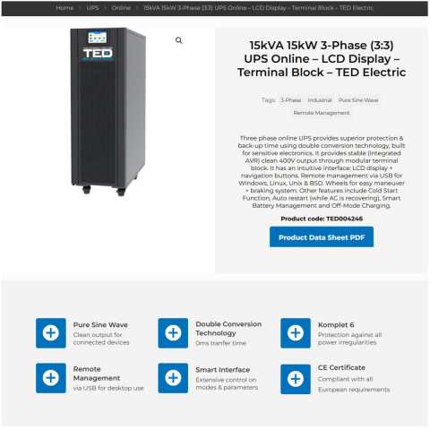 UPS Online Trifazat 15kVA 15kW Dubla Conversie Sinus Pur Terminal Block Management Remote Integrare SCADA/BMS pentru Industrial & Centre Date TED Electric TED004246 [1]