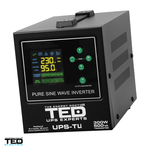 UPS pentru centrala termica TED Electric TED006752, 500 VA / 300 W, autonomie extinsa cu acumulator extern 12 V neinclus, unda sinusoidala pura, 2 prize Schuko, afisaj LED [0]