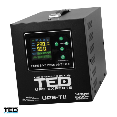 UPS pentru centrala termica TED Electric TED006790, 2000 VA / 1400 W, autonomie extinsa cu acumulatori externi 24 V neinclusi, unda sinusoidala pura, 2 prize Schuko, afisaj LED [0]