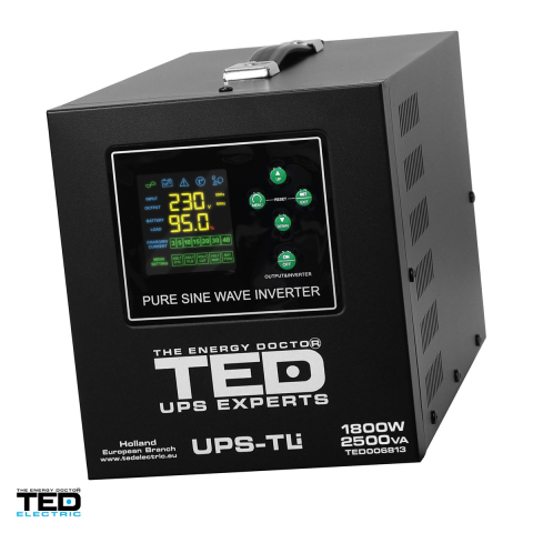 UPS pentru centrala termica TED Electric TED006813, 2500 VA / 1800 W, autonomie extinsa cu acumulatori externi 24 V neinclusi, unda sinusoidala pura, 2 prize Schuko, afisaj LED [0]