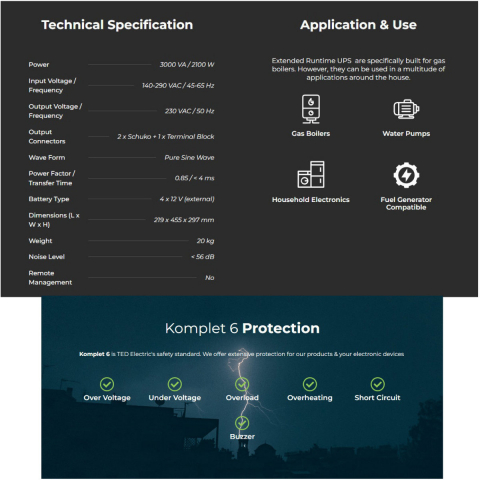 UPS Runtime Extins Pentru Centrala Termica 3000VA 2100W cu Sinus Pur, AVR, LCD, Baterii Externe, Komplet 6 Protectie - TED Electric TED001672 [3]