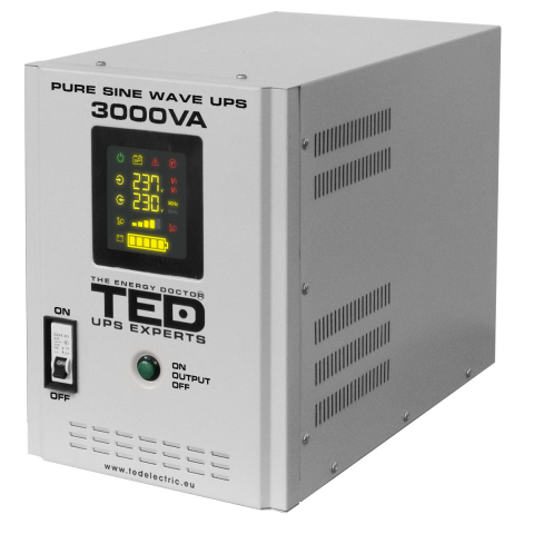 Sisteme UPS - UPS Runtime Extins Pentru Centrala Termica 3000VA 2100W cu Sinus Pur, AVR, LCD, Baterii Externe, Komplet 6 Protectie - TED Electric TED001672