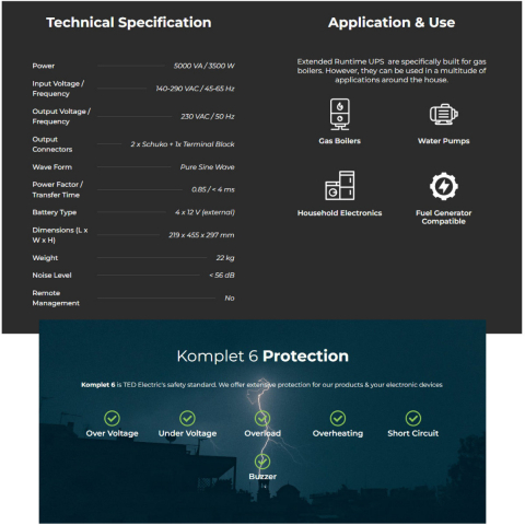 UPS Runtime Extins Pentru Centrala Termica 5000VA 3500W cu Sinus Pur, AVR, LCD, Baterii Externe, Komplet 6 Protectie - TED Electric TED001689 [3]
