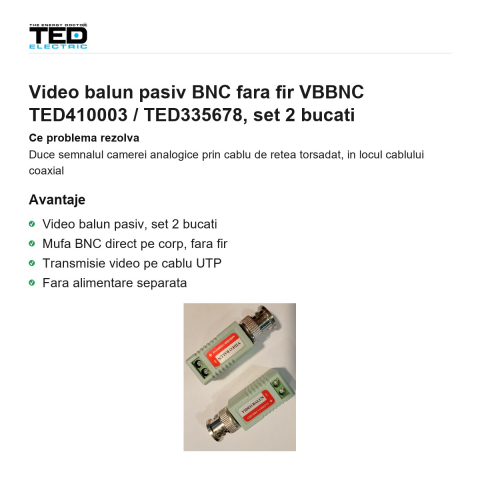 Video balun pasiv BNC fara fir VBBNC TED410003 / TED335678, set 2 bucati [1]