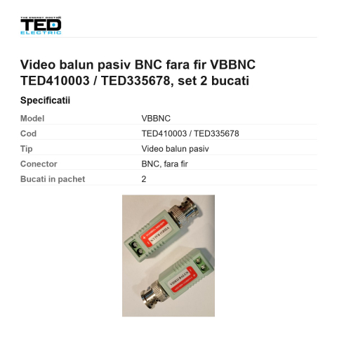 Video balun pasiv BNC fara fir VBBNC TED410003 / TED335678, set 2 bucati [2]