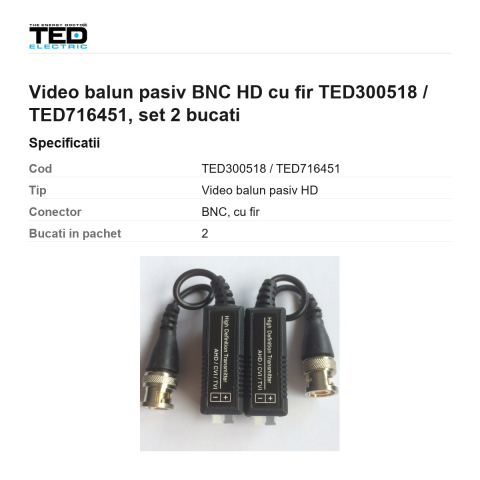 Video balun pasiv BNC HD cu fir TED300518 / TED716451, set 2 bucati [2]