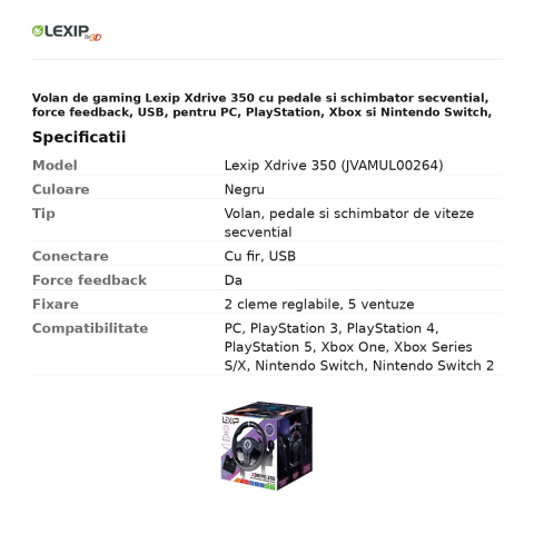 Volan de gaming Lexip Xdrive 350 cu pedale si schimbator secvential, force feedback, USB, pentru PC, PlayStation, Xbox si Nintendo Switch, negru, JVAMUL00264 [2]
