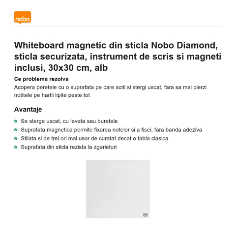Whiteboard magnetic din sticla Nobo Diamond, sticla securizata, instrument de scris si magneti inclusi, 30x30 cm, alb [1]