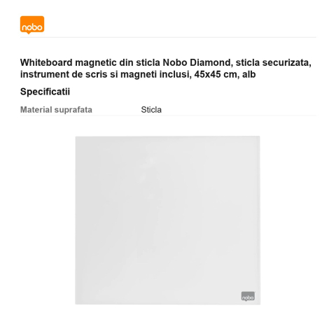 Whiteboard magnetic din sticla Nobo Diamond, sticla securizata, instrument de scris si magneti inclusi, 45x45 cm, alb [2]