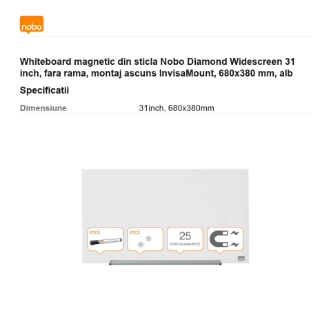 Whiteboard magnetic din sticla Nobo Diamond Widescreen 31 inch, fara rama, montaj ascuns InvisaMount, 680x380 mm, alb [2]