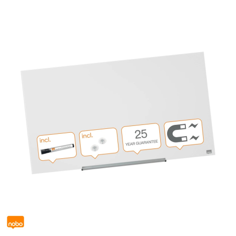 Table de conferinta - Whiteboard magnetic din sticla Nobo Diamond Widescreen 45 inch, fara rama, montaj ascuns InvisaMount, 1000x560 mm, alb