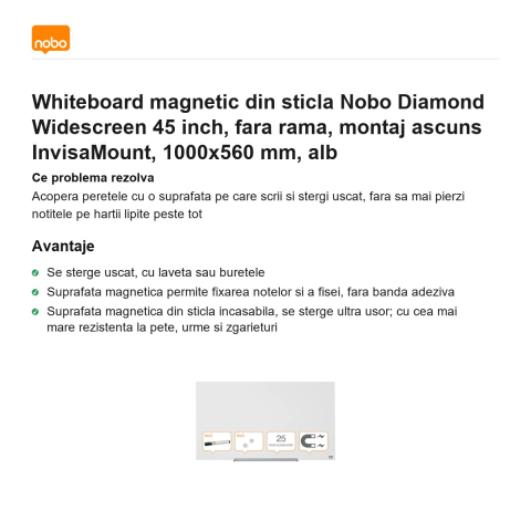 Whiteboard magnetic din sticla Nobo Diamond Widescreen 45 inch, fara rama, montaj ascuns InvisaMount, 1000x560 mm, alb [1]