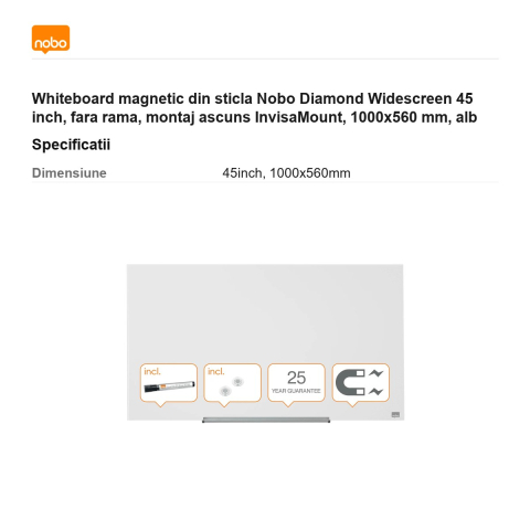 Whiteboard magnetic din sticla Nobo Diamond Widescreen 45 inch, fara rama, montaj ascuns InvisaMount, 1000x560 mm, alb [2]