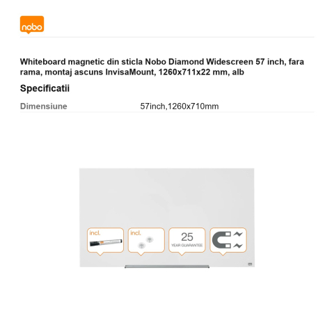 Whiteboard magnetic din sticla Nobo Diamond Widescreen 57 inch, fara rama, montaj ascuns InvisaMount, 1260x711x22 mm, alb [2]