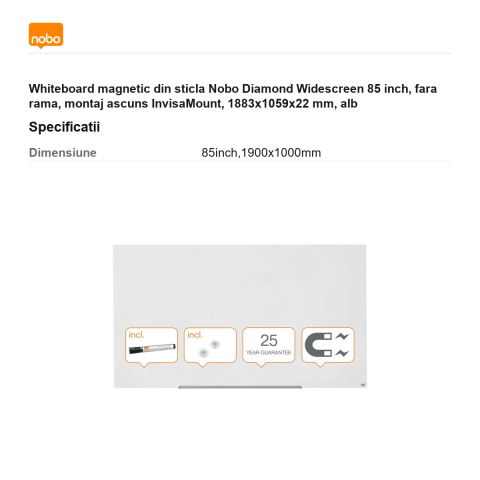 Whiteboard magnetic din sticla Nobo Diamond Widescreen 85 inch, fara rama, montaj ascuns InvisaMount, 1883x1059x22 mm, alb [2]