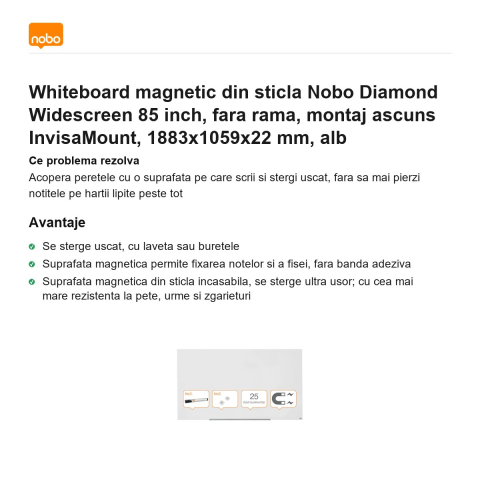 Whiteboard magnetic din sticla Nobo Diamond Widescreen 85 inch, fara rama, montaj ascuns InvisaMount, 1883x1059x22 mm, alb [1]