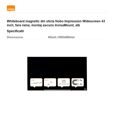 Whiteboard magnetic din sticla Nobo Impression Widescreen 43 inch, fara rama, montaj ascuns InvisaMount, alb [2]
