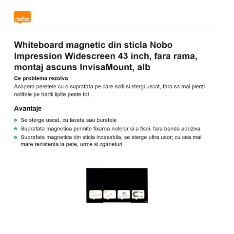 Whiteboard magnetic din sticla Nobo Impression Widescreen 43 inch, fara rama, montaj ascuns InvisaMount, alb [1]
