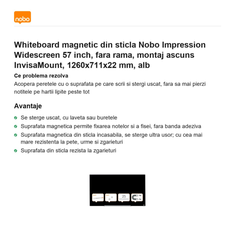 Whiteboard magnetic din sticla Nobo Impression Widescreen 57 inch, fara rama, montaj ascuns InvisaMount, 1260x711x22 mm, alb [1]