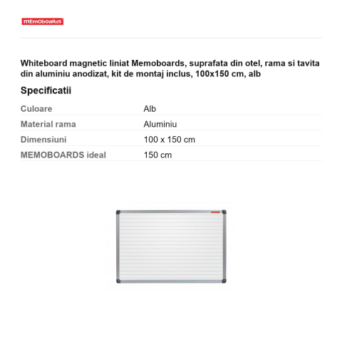 Whiteboard magnetic liniat Memoboards, suprafata din otel, rama si tavita din aluminiu anodizat, kit de montaj inclus, 100x150 cm, alb [2]