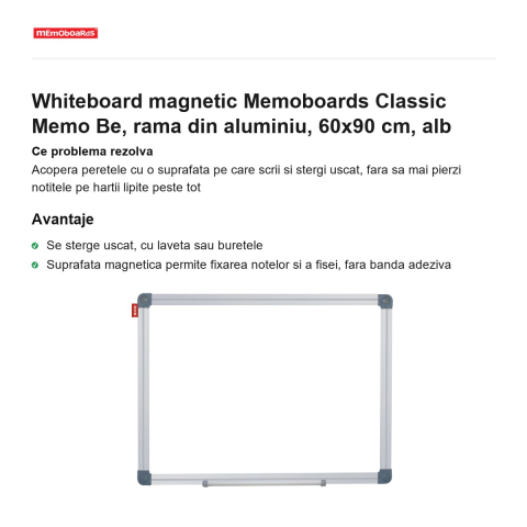 Whiteboard magnetic Memoboards Classic Memo Be, rama din aluminiu, 60x90 cm, alb [1]