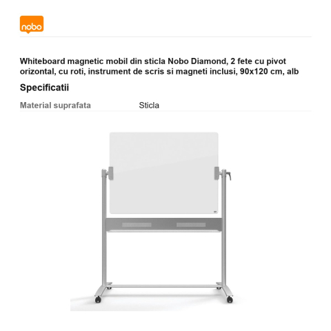 Whiteboard magnetic mobil din sticla Nobo Diamond, 2 fete cu pivot orizontal, cu roti, instrument de scris si magneti inclusi, 90x120 cm, alb [2]