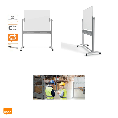 Whiteboard magnetic mobil din sticla Nobo Diamond, 2 fete cu pivot orizontal, cu roti, instrument de scris si magneti inclusi, 90x120 cm, alb [3]