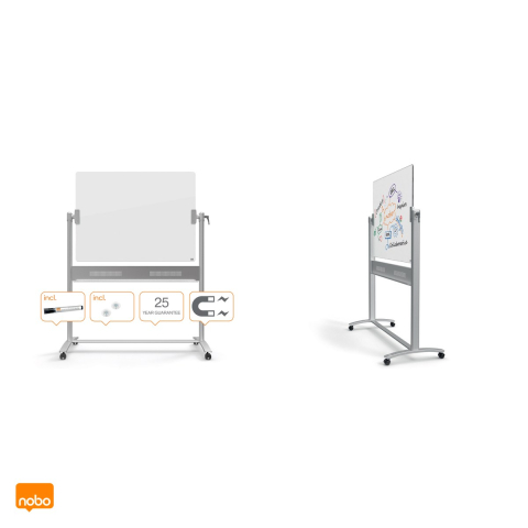 Whiteboard magnetic mobil din sticla Nobo Diamond, 2 fete cu pivot orizontal, cu roti, instrument de scris si magneti inclusi, 90x120 cm, alb [5]
