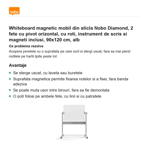 Whiteboard magnetic mobil din sticla Nobo Diamond, 2 fete cu pivot orizontal, cu roti, instrument de scris si magneti inclusi, 90x120 cm, alb [1]