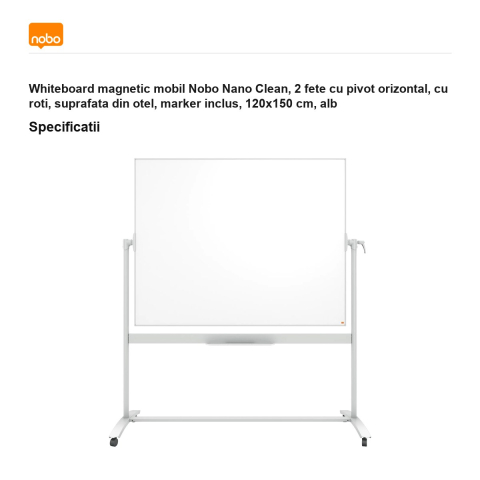 Whiteboard magnetic mobil Nobo Nano Clean, 2 fete cu pivot orizontal, cu roti, suprafata din otel, marker inclus, 120x150 cm, alb [2]