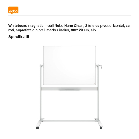 Whiteboard magnetic mobil Nobo Nano Clean, 2 fete cu pivot orizontal, cu roti, suprafata din otel, marker inclus, 90x120 cm, alb [2]