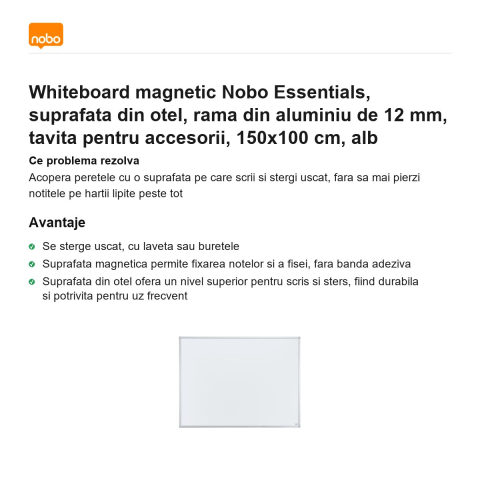 Whiteboard magnetic Nobo Essentials, suprafata din otel, rama din aluminiu de 12 mm, tavita pentru accesorii, 150x100 cm, alb [1]