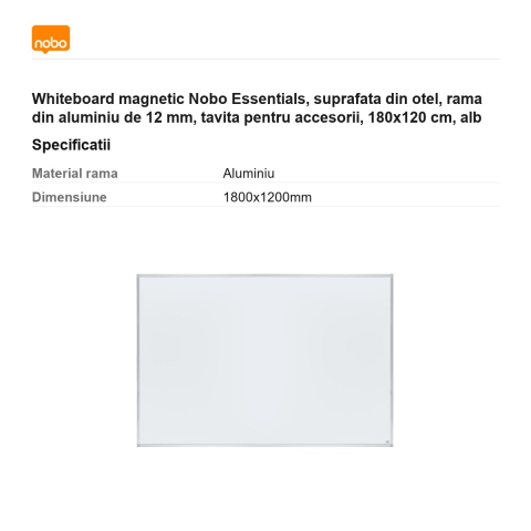 Whiteboard magnetic Nobo Essentials, suprafata din otel, rama din aluminiu de 12 mm, tavita pentru accesorii, 180x120 cm, alb [2]