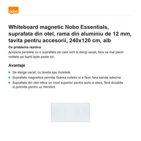 Whiteboard magnetic Nobo Essentials, suprafata din otel, rama din aluminiu de 12 mm, tavita pentru accesorii, 240x120 cm, alb [1]