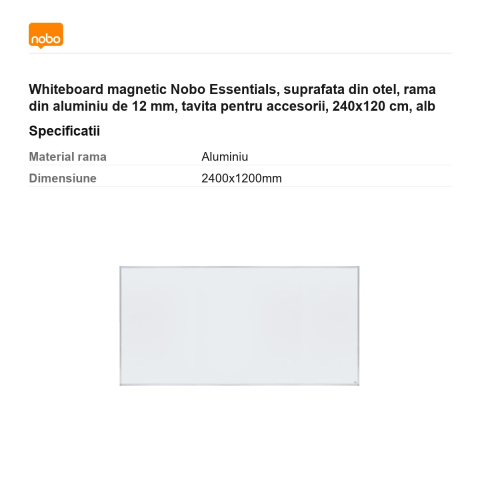 Whiteboard magnetic Nobo Essentials, suprafata din otel, rama din aluminiu de 12 mm, tavita pentru accesorii, 240x120 cm, alb [2]