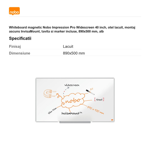 Whiteboard magnetic Nobo Impression Pro Widescreen 40 inch, otel lacuit, montaj ascuns InvisaMount, tavita si marker incluse, 890x500 mm, alb [2]