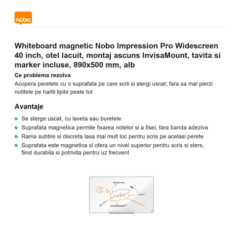 Whiteboard magnetic Nobo Impression Pro Widescreen 40 inch, otel lacuit, montaj ascuns InvisaMount, tavita si marker incluse, 890x500 mm, alb [1]