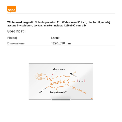 Whiteboard magnetic Nobo Impression Pro Widescreen 55 inch, otel lacuit, montaj ascuns InvisaMount, tavita si marker incluse, 1220x690 mm, alb [2]