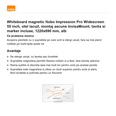 Whiteboard magnetic Nobo Impression Pro Widescreen 55 inch, otel lacuit, montaj ascuns InvisaMount, tavita si marker incluse, 1220x690 mm, alb [1]