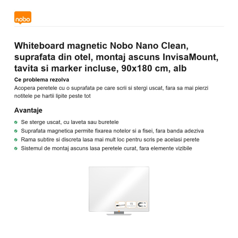 Whiteboard magnetic Nobo Nano Clean, suprafata din otel, montaj ascuns InvisaMount, tavita si marker incluse, 90x180 cm, alb [1]