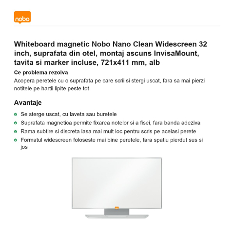 Whiteboard magnetic Nobo Nano Clean Widescreen 32 inch, suprafata din otel, montaj ascuns InvisaMount, tavita si marker incluse, 721x411 mm, alb [1]