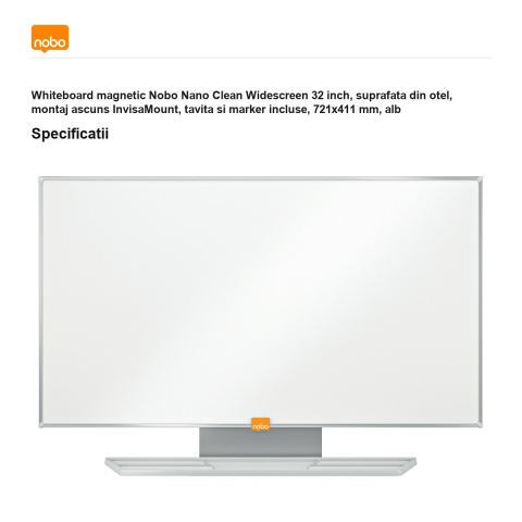 Whiteboard magnetic Nobo Nano Clean Widescreen 32 inch, suprafata din otel, montaj ascuns InvisaMount, tavita si marker incluse, 721x411 mm, alb [2]